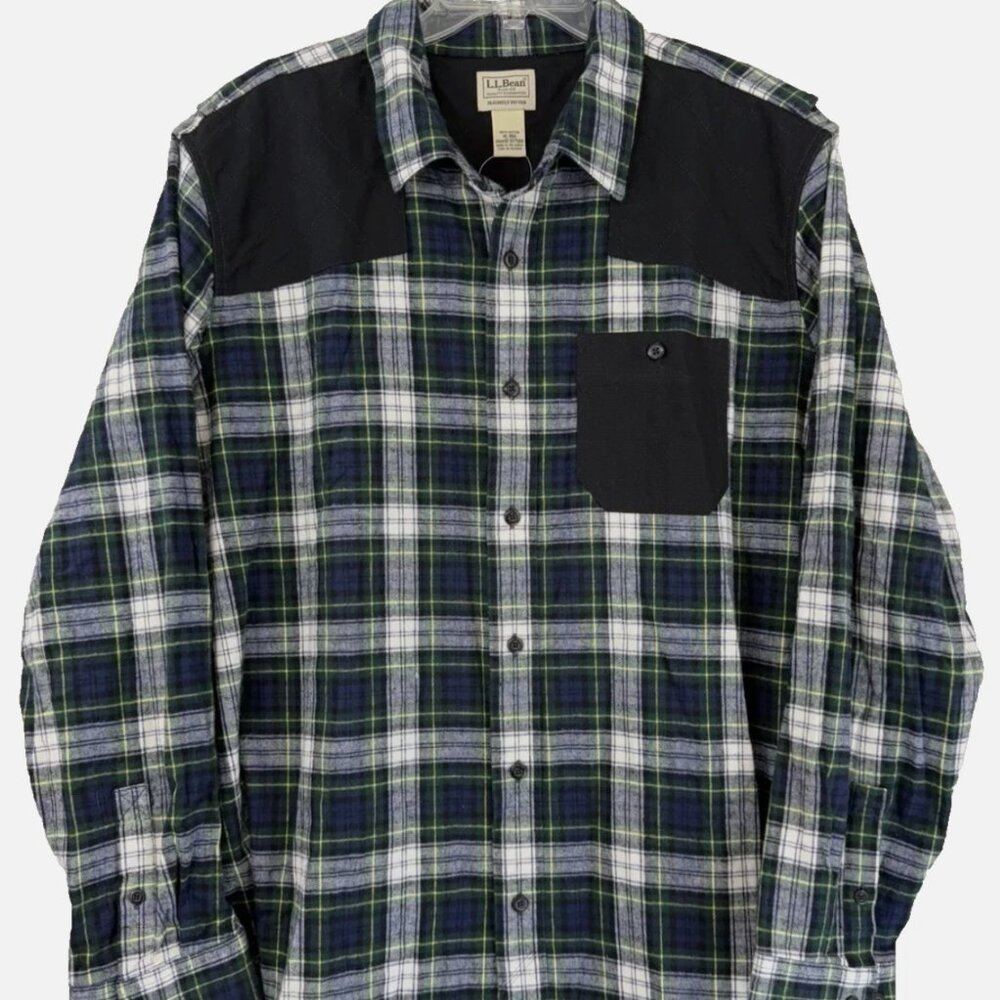 L.L. BEAN CLASSIC HERITAGE SCOTCH PLAID DK. BLUE & WHITE FLANNEL SHIRT- MEN'S XL